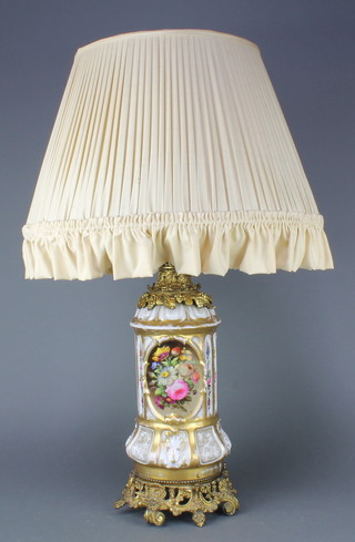 A Paris Porcelain ormolu mounted table lamp decorated with panels of spring flowers 16"