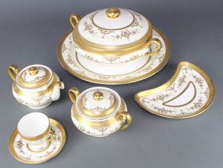 A Minton Riverton pattern coffee and dinner service comprising coffee cups and 8 saucers, tea pot and lid, 6 two handled bowls 14 saucers, 7 small plates, 7 medium plates, 5 side plates, 9 dinner plates, 2 sauce boat stands, 5 scalloped dishes, an oval platter, a round platter, 3 tureens and covers and a lidded sugar bowl 
