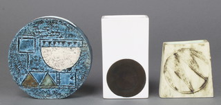 A Troika circular flattened vase with geometric decoration 4 1/2", a square ditto the white ground with brown circles AL 4 1/2" and a Cornish Studio Pottery tapered vases 3" 