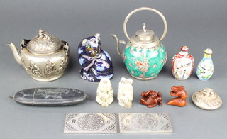 A Chinese porcelain globular teapot decorated with fruits with gilt metal mounts 6", a soft metal teapot, minor scent bottles etc