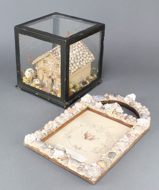 A Victorian shell model of a house contained in a glazed case 9" x 9" x 9 1/2"  together with a frame decorated shells 