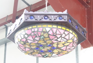 An Art Nouveau Liberty style hexagonal shaped stained mahogany and lead glazed light shade 19"  