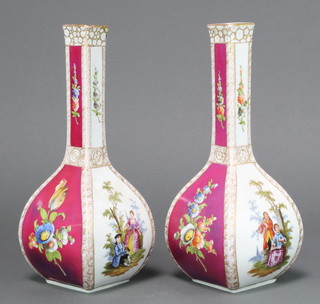 A pair of early 20th Century Dresden baluster vases decorated with fete galant views and panels of flowers 12 1/2" 