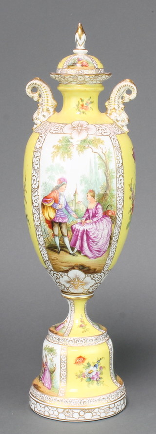 An early 20th Century Dresden 2 handled vase and cover, the yellow ground with fete galant and floral panels 18" 