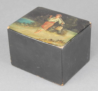 A 19th Century black lacquered caddy the hinged lid decorated a standing figure with yoke 2 1/2"h x 4"w x 3"d 