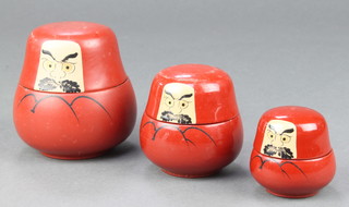 3 Japanese red lacquered nesting boxes decorated figures 2 1/2" x 2" x 1" 