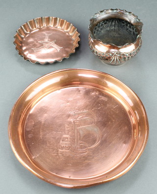 A Newlyn style circular copper dish decorated 3 intertwined fishes with crimped borders, a copper dish decorated a galleon 8" and a cylindrical embossed copper bowl with wavy border 4" diam. 