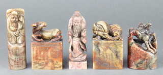 A carved soap stone seal decorated a Sage 4", 2 soap stone seals decorated rearing horse 3" (f) and 3 other items of soap stone 