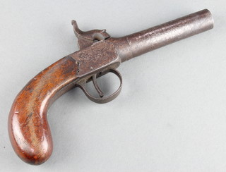 A 19th Century percussion pocket pistol with 3" circular barrel together with a small hunting whip with gilt metal terminal 