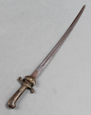 A 19th Century Continental hunting sword with 20 1/2" etched blade, gilt mounts, no scabbard and the blade is corroded 
