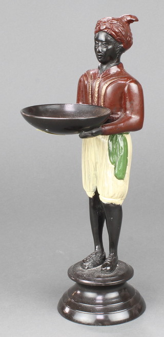 A bronze figure of a standing liveried servant with tray, raised on a turned base 10" 