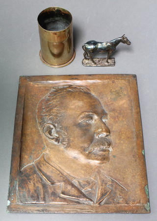 A bronze plaque decorated a portrait of a moustached gentleman 13" x 10", a white metal figure of a race horse on an oval base 4" x 4" x 1"  and a Continental brass shell case marked Kapacpye 1917 7.31 