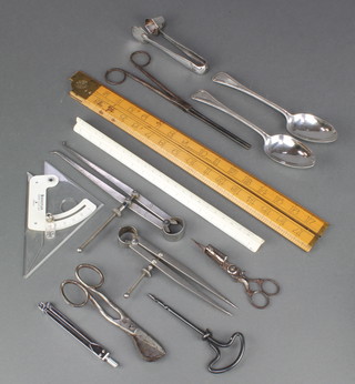 A pair of 19th Century wick trimming scissors, do. snuffer, pair of steel ember tongs and various precision gauges 