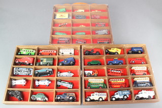 14 Lesney model commercial vehicles together with a Matchbox Series no.7 box (empty) and 30 other model vehicles, all contained in a wall mounting display cabinet