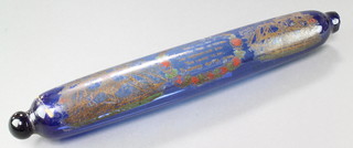 A Victorian blue glass polychrome rolling pin decorated with ships and verse 16" 