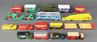A Dinky National Benzole mixture petrol tanker model, do. plain red petrol tanker, a Lesney K17 Dyson low loader, do. no.7 Superking steam road roller, do. K-8 Sky Warrior car transporter, a Corgi  Commer 5 ton lorry,  do. drop sided trailer and 12 other vehicles 