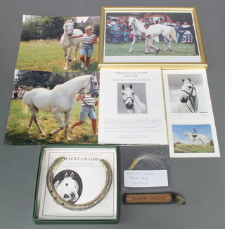 A Desert Orchid limited edition replica horse shoe and a collection of photographs and postcards relating to Desert Orchid 