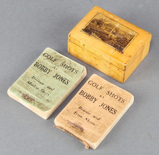 2 Bobby Jones golf shot flick books, a Victorian Mauchline style wooden trinket box decorated Edinburgh 2" x 3" x 2" 
