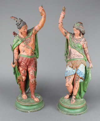 A pair of spelter figures of standing classical lady and gentleman 23"h