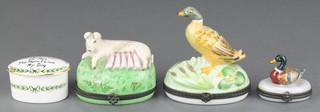 A modern Limoges gilt metal mounted box surmounted by a duck 3", a ditto of a pig and litter, 2 others 