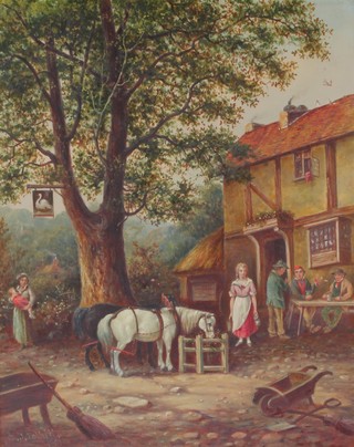 J Polhill 1901, oil on canvas, figures and horses before a country pub 19 1/2" x 15 1/2" 