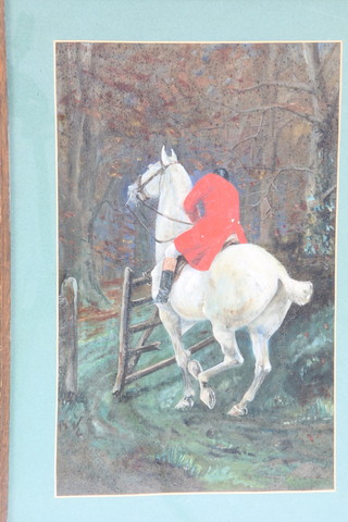 An Edwardian oil, indistinctly signed and dated 1917, a huntsman on horseback in a forest setting 15 1/2" x 10" 