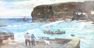 Cornish School, 20th Century oil on canvas, unsigned,  harbour with figures and boats 15 1/2" x 29" 


