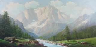 G Bonacina, oil, signed, on canvas, extensive alpine landscape, 19 1/2" by 39 1/2"