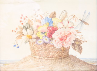 A pair of 19th Century watercolours, still life studies of baskets of flowers and insects, contained in ebonised and gilt decorated frames 9" x 12" 