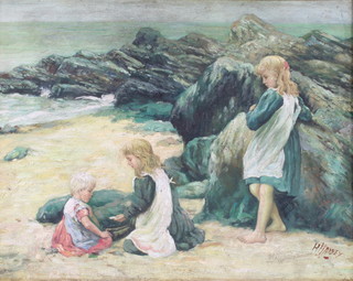 H Harvey, oil on board, signed, children on a beach 15 1/4" x 19 1/4" 