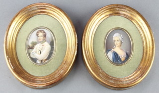 Hil, watercolours, oval miniatures of a lady and gentleman 2 1/4" x 1 1/2" 
