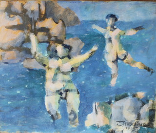 20th Century continental oil on board, indistinctly signed and dated abstract study of 2 naked figures jumping into the sea 20" x 23" 