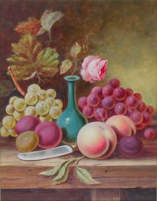 G J Polhill, oil on canvas, signed, still life study of grapes, vase, knife and flowers 14 1/2" x 11" 