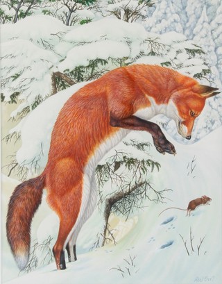 Richard Orr, gouache, signed, study of a fox hunting a mouse in a winter landscape 10" x 8"