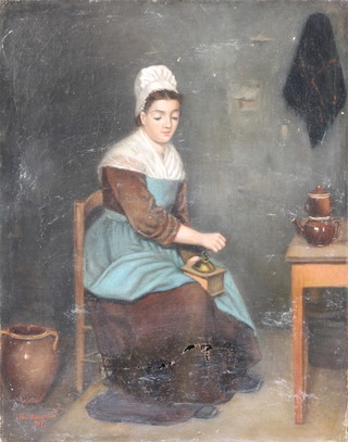 Mounier 1877, oil on canvas, signed, study of a lady grinding coffee in an interior scene, unframed 14 1/2" x 11 1/2" 