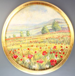 Tom O'Neill 2001, acrylic on board, circular study, extensive landscape with poppies 31" 