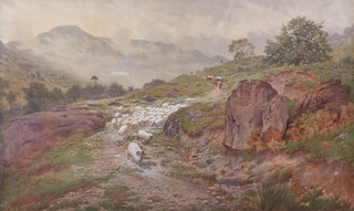 R Redfern, watercolour signed, "In Scandale Westmoreland" study of sheep, cattle and figure in an extensive mountainous landscape 28 1/2" x 46 1/2" 
