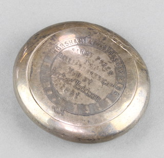 A Victorian oval silver tobacco box with presentation inscription Birmingham 1878, 96 grams 3 1/2" 