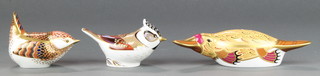 A Royal Crown Derby Imari pattern duck billed platypus paperweight with gold stopper 6 1/2" and a ditto Crested Tit with gold stopper and a sparrow with silver stopper 3" 
