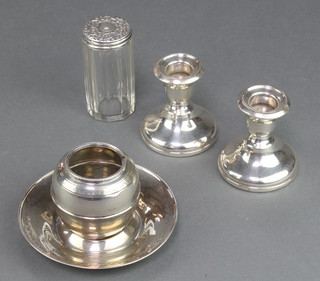 A Continental silver dish and vase, 2 dwarf candlesticks and a toilet jar 