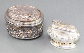 A Continental repousse plated oval trinket box decorated with revellers 4" together with a plated Ronson Crown table lighter