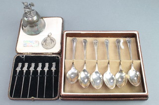 6 silver cocktail sticks with cockerel finials Chester 1928, 6 silver tea spoons and minor items 
