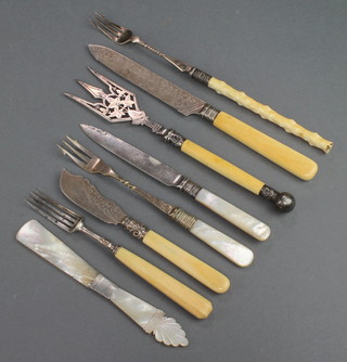 A Victorian silver mounted pickle fork Sheffield 1899 and minor forks and knives