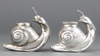 A pair of Peruvian novelty sterling silver table salts in the form of snails, 170 grams, 3 1/2" 