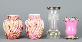 A pair of Victorian end of day baluster vases 5", a metal mounted pink vase and a tapered vase with silvered collar 