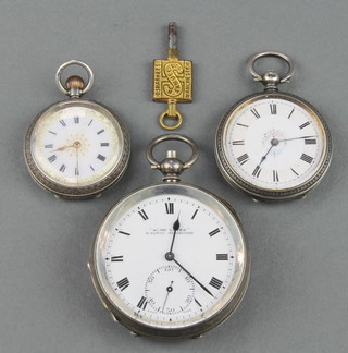 A silver cased key wind pocket watch with seconds at 6 o'clock the dial inscribed Acme Lever H Samuel Manchester together with 2 ladies fob watches and a watch key  