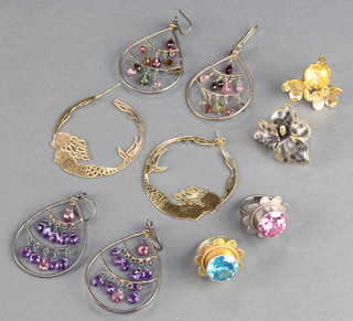 A 925 stylish floral ring, 3 others and 3 pairs of gem set earrings 