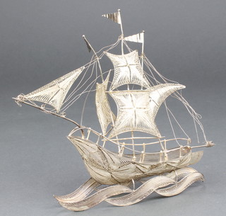 A Continental silver filigree model of a boat 78 grams 