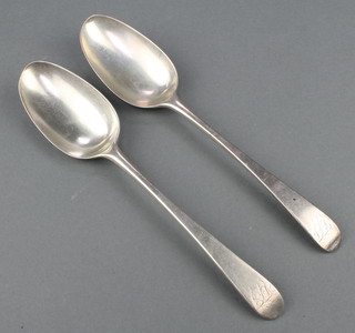 2 George III silver table spoons, rubbed marks, 132 grams 