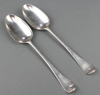 2 George III silver table spoons, rubbed marks 133 grams 